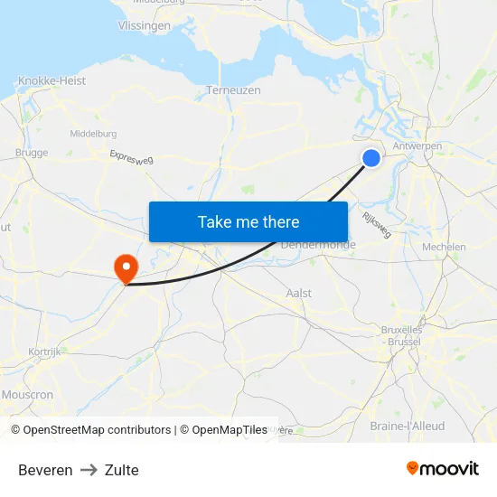 Beveren to Zulte map