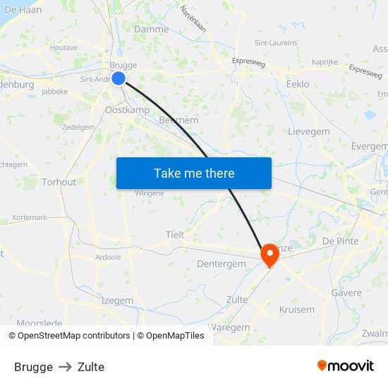 Brugge to Zulte map