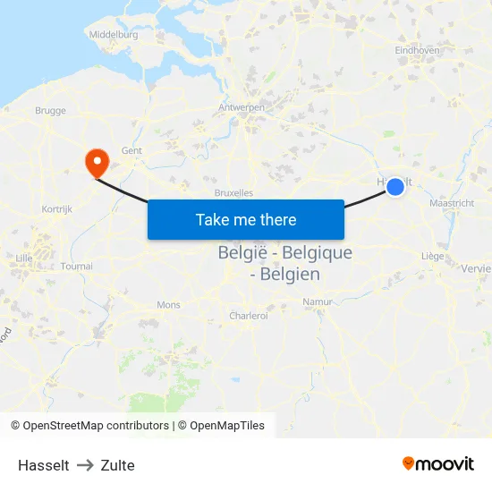 Hasselt to Zulte map