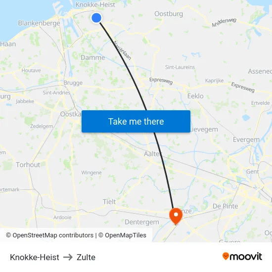 Knokke-Heist to Zulte map