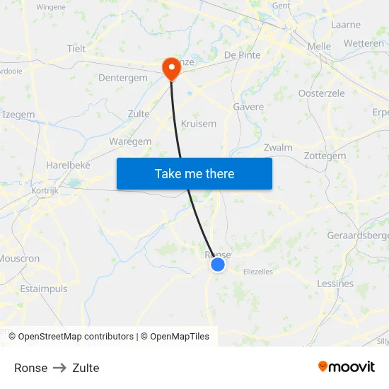 Ronse to Zulte map