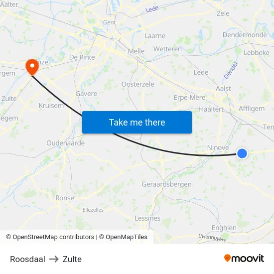 Roosdaal to Zulte map