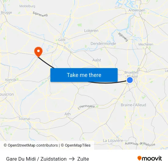 Gare Du Midi / Zuidstation to Zulte map