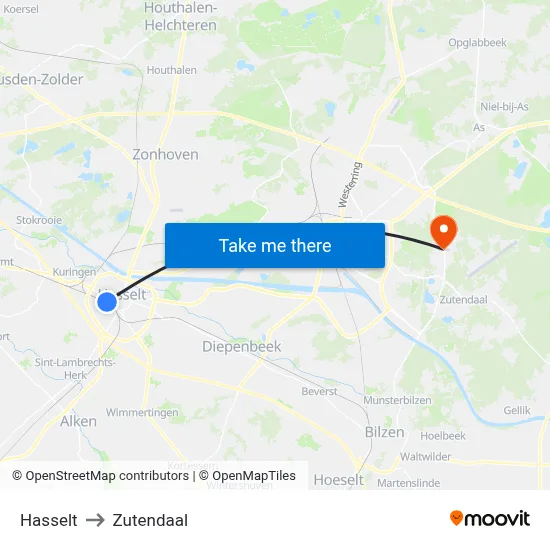 Hasselt to Zutendaal map