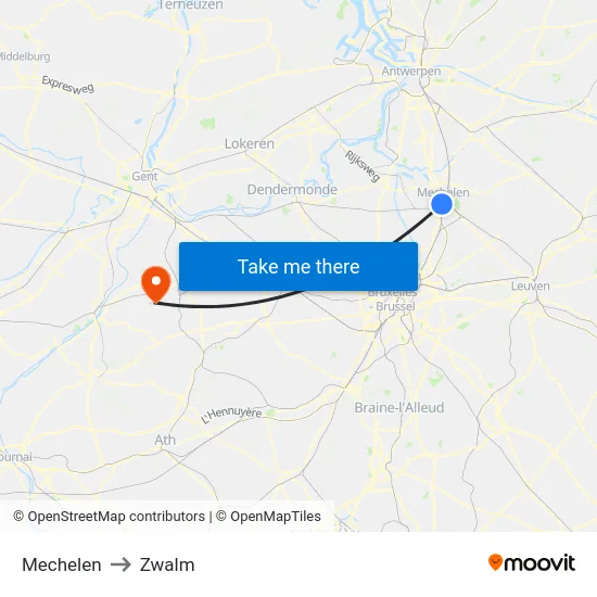 Mechelen to Zwalm map