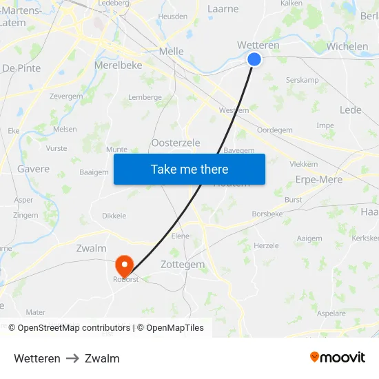 Wetteren to Zwalm map