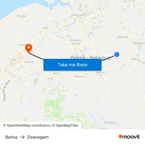Berloz to Zwevegem map
