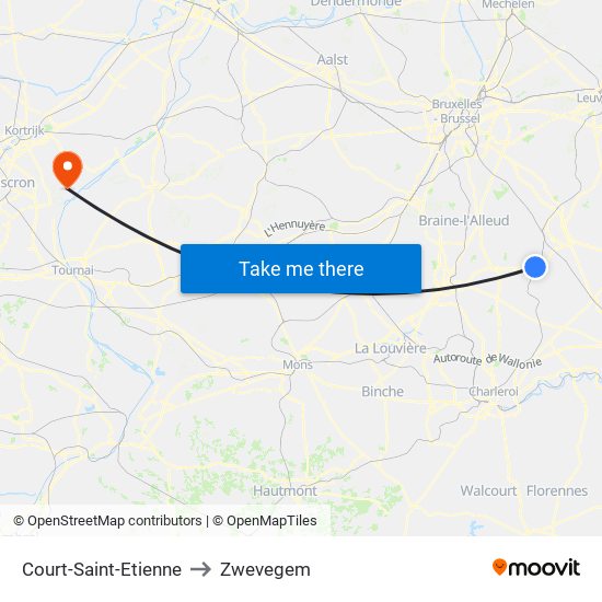 Court-Saint-Etienne to Zwevegem map