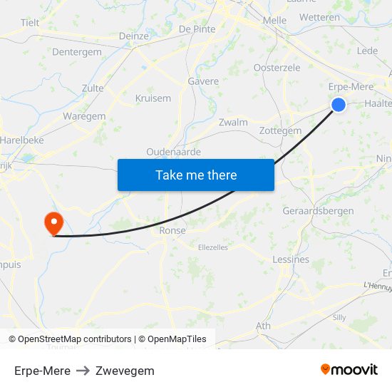 Erpe-Mere to Zwevegem map