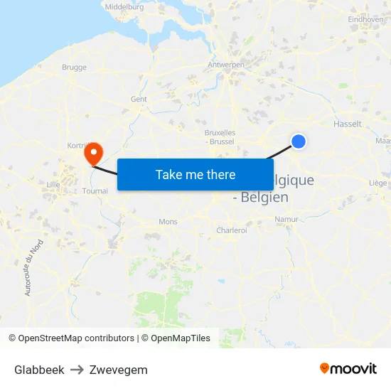 Glabbeek to Zwevegem map