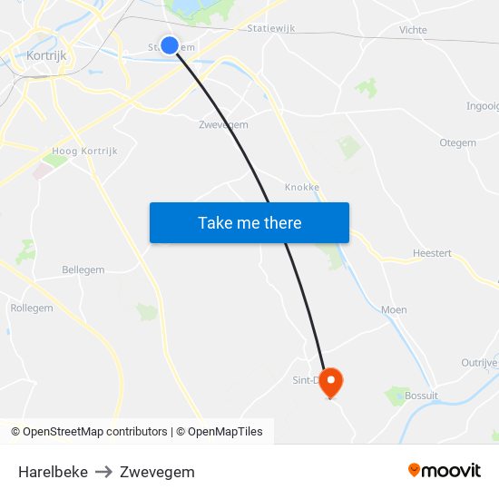 Harelbeke to Zwevegem map