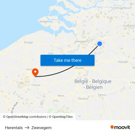 Herentals to Zwevegem map
