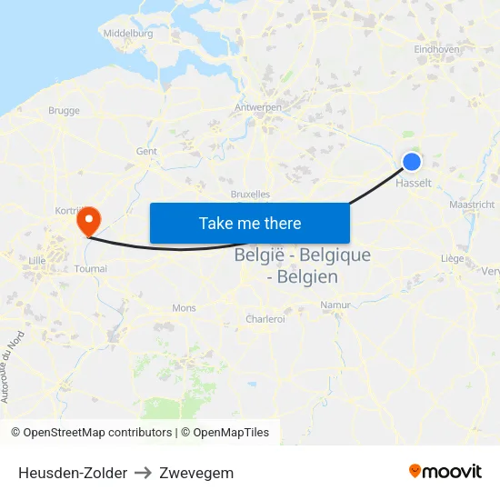 Heusden-Zolder to Zwevegem map