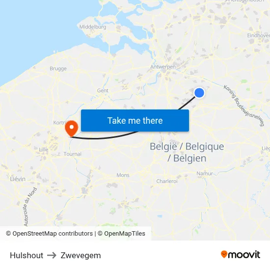 Hulshout to Zwevegem map