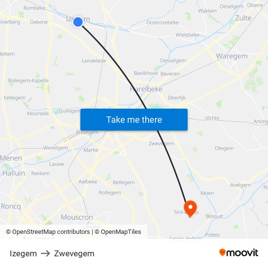 Izegem to Zwevegem map