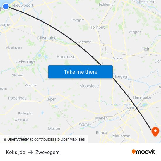 Koksijde to Zwevegem map