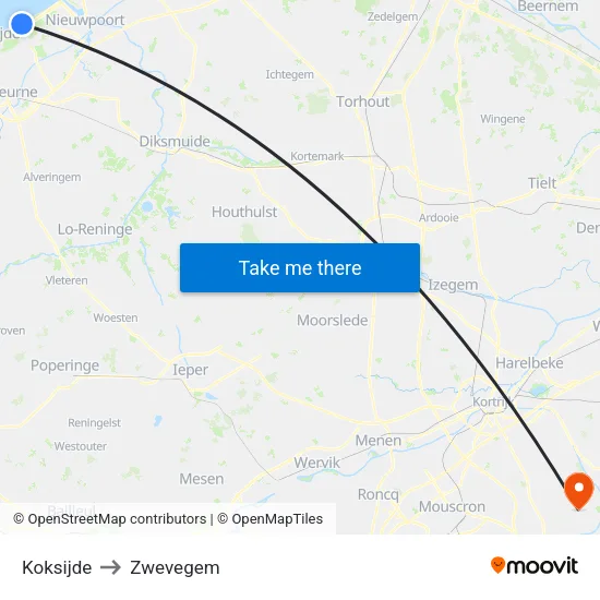 Koksijde to Zwevegem map