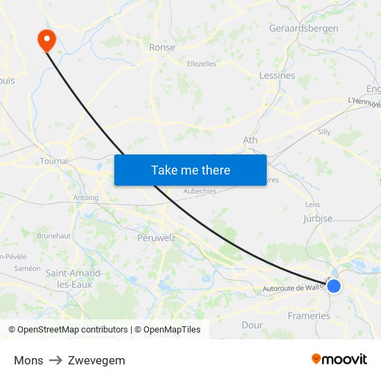 Mons to Zwevegem map