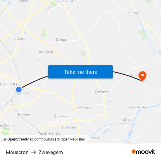 Mouscron to Zwevegem map