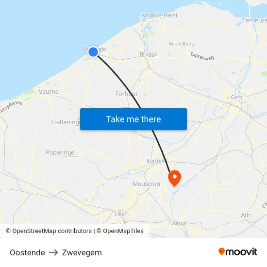 Oostende to Zwevegem map