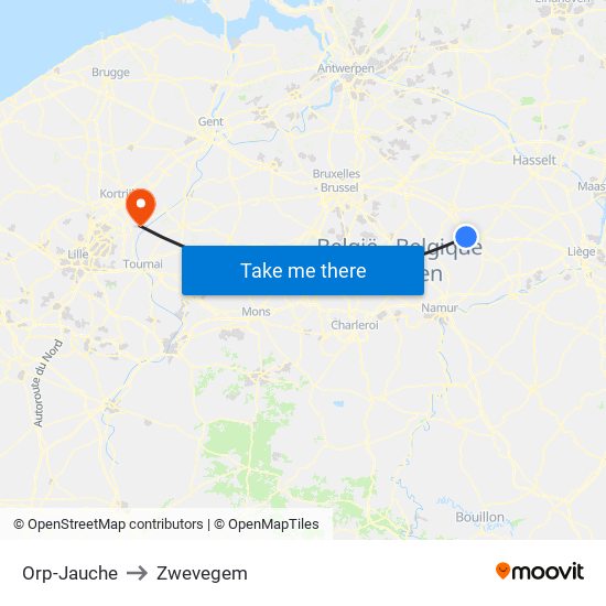 Orp-Jauche to Zwevegem map