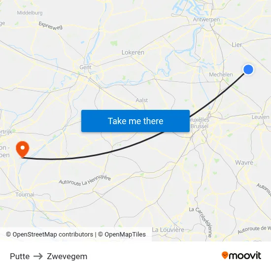 Putte to Zwevegem map
