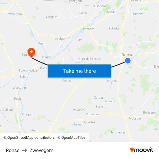 Ronse to Zwevegem map