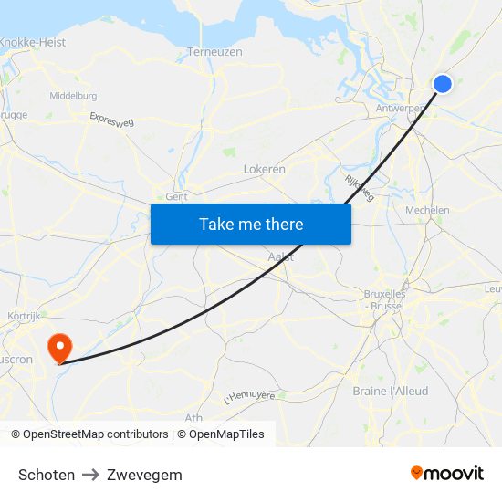 Schoten to Zwevegem map