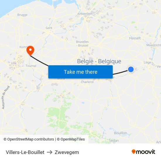 Villers-Le-Bouillet to Zwevegem map