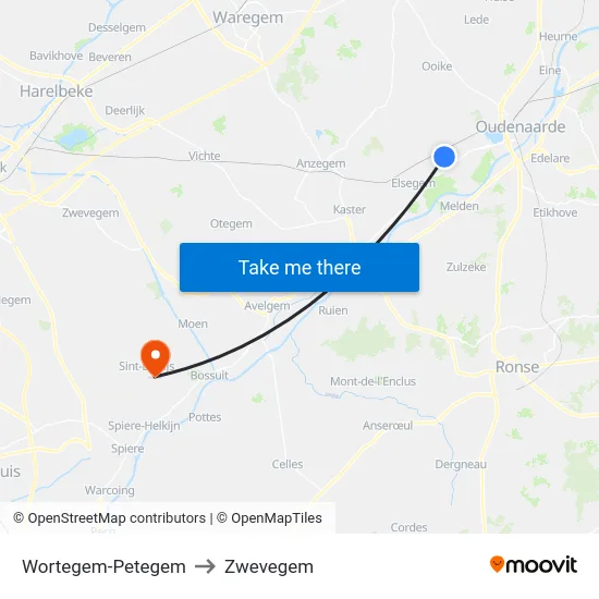 Wortegem-Petegem to Zwevegem map