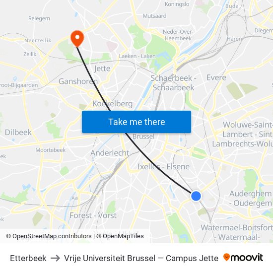 Etterbeek to Vrije Universiteit Brussel — Campus Jette map