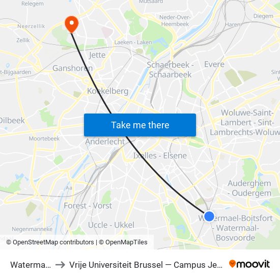 Watermael to Vrije Universiteit Brussel — Campus Jette map