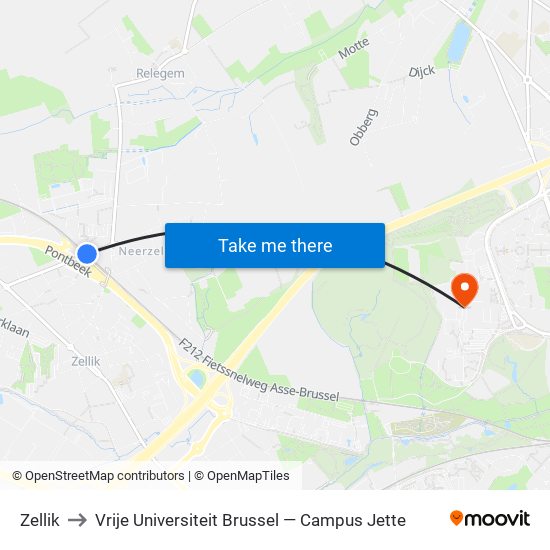 Zellik to Vrije Universiteit Brussel — Campus Jette map