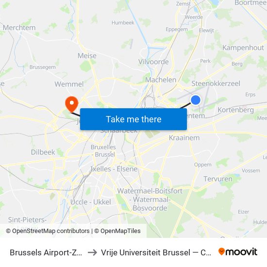 Brussels Airport-Zaventem to Vrije Universiteit Brussel — Campus Jette map