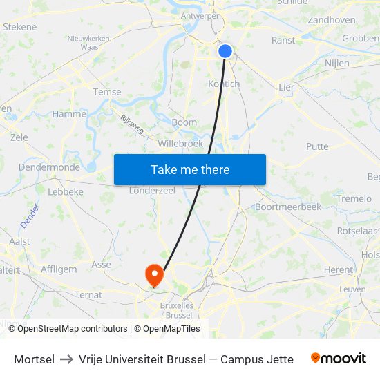 Mortsel to Vrije Universiteit Brussel — Campus Jette map