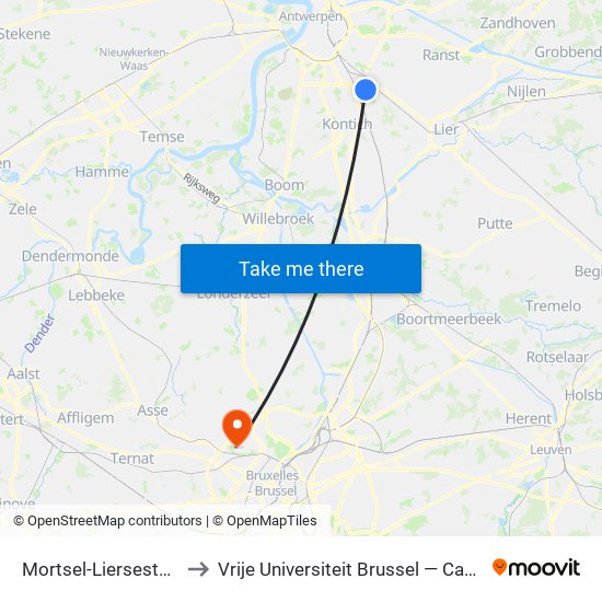 Mortsel-Liersesteenweg to Vrije Universiteit Brussel — Campus Jette map