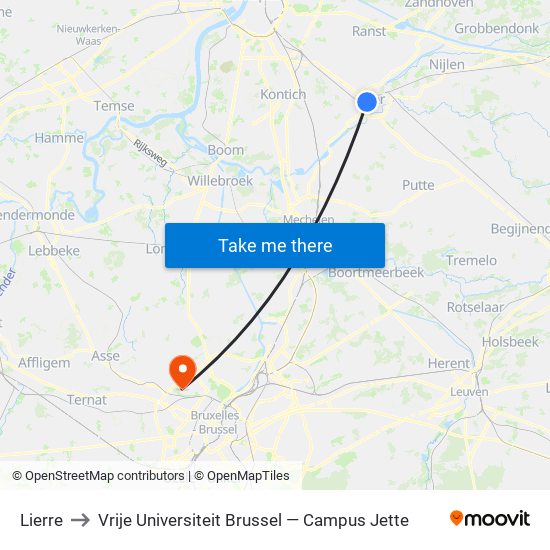 Lierre to Vrije Universiteit Brussel — Campus Jette map