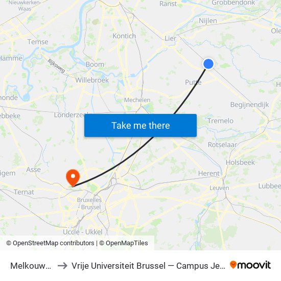 Melkouwen to Vrije Universiteit Brussel — Campus Jette map