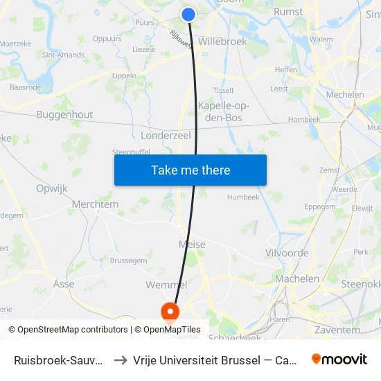 Ruisbroek-Sauvegarde to Vrije Universiteit Brussel — Campus Jette map