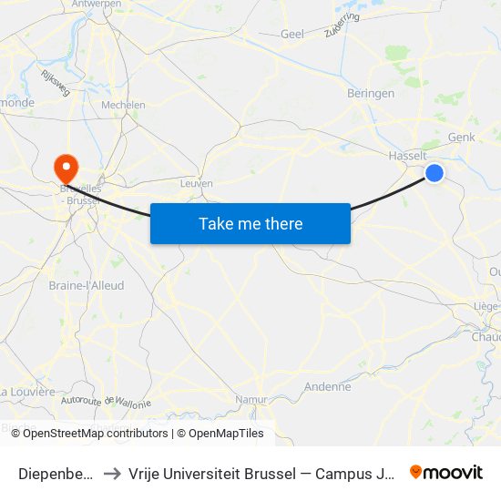 Diepenbeek to Vrije Universiteit Brussel — Campus Jette map