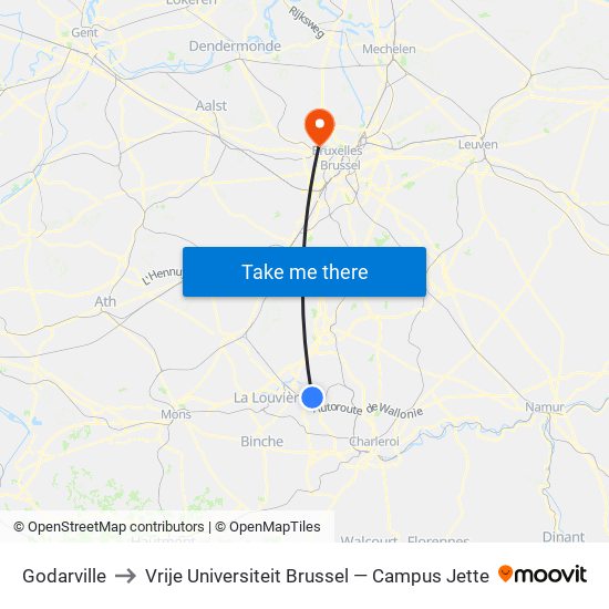 Godarville to Vrije Universiteit Brussel — Campus Jette map