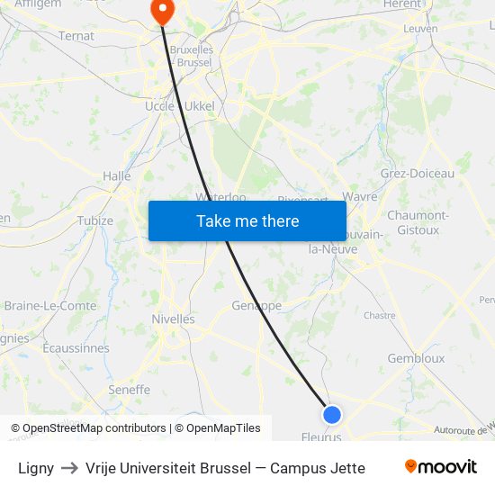 Ligny to Vrije Universiteit Brussel — Campus Jette map