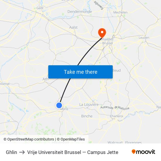 Ghlin to Vrije Universiteit Brussel — Campus Jette map