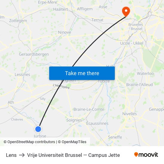 Lens to Vrije Universiteit Brussel — Campus Jette map