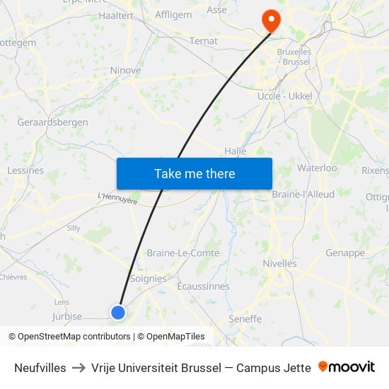 Neufvilles to Vrije Universiteit Brussel — Campus Jette map