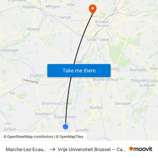 Marche-Lez-Ecaussinnes to Vrije Universiteit Brussel — Campus Jette map
