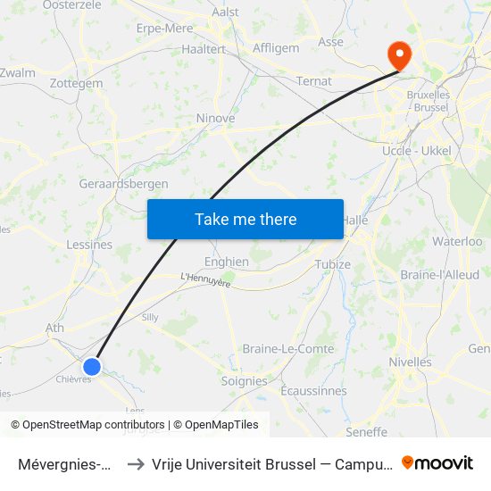 Mévergnies-Attre to Vrije Universiteit Brussel — Campus Jette map