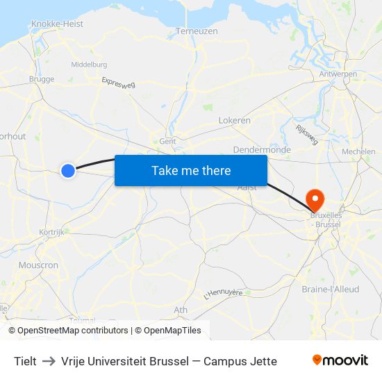 Tielt to Vrije Universiteit Brussel — Campus Jette map