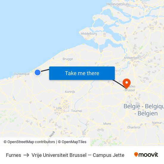 Furnes to Vrije Universiteit Brussel — Campus Jette map