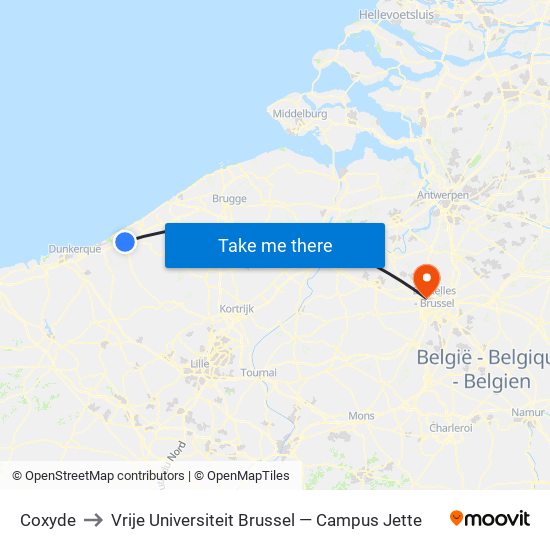 Coxyde to Vrije Universiteit Brussel — Campus Jette map